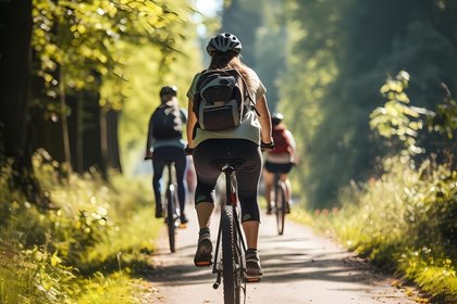 Gruppe von Radfahrern im Aktivurlaub fährt auf einem Waldweg durch sonnendurchflutete Bäume im Harz